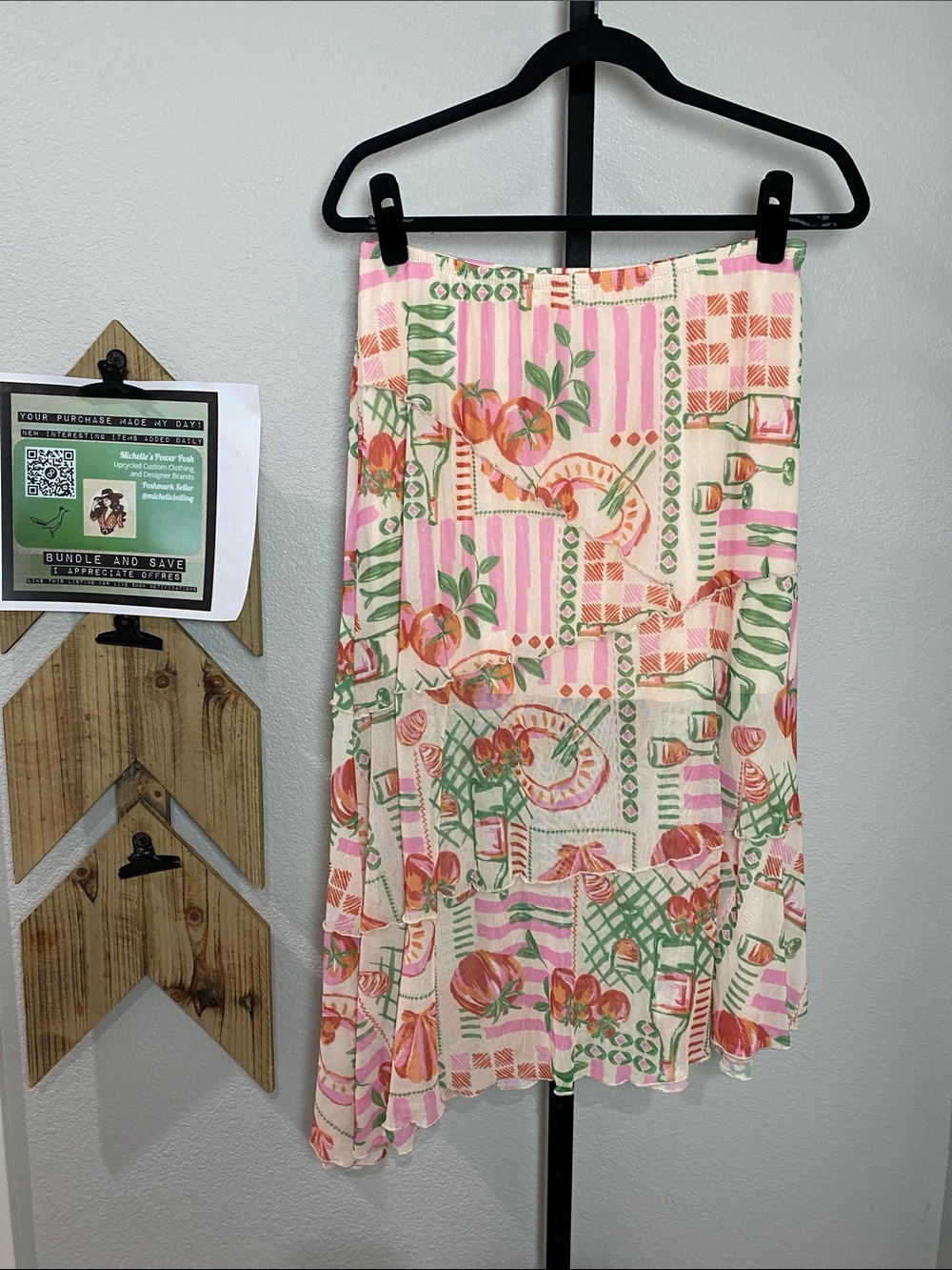 See You Monday Pink, Green & Cream Asymmetrical Midi Skirt 14-20” waist - Picture 1 of 8